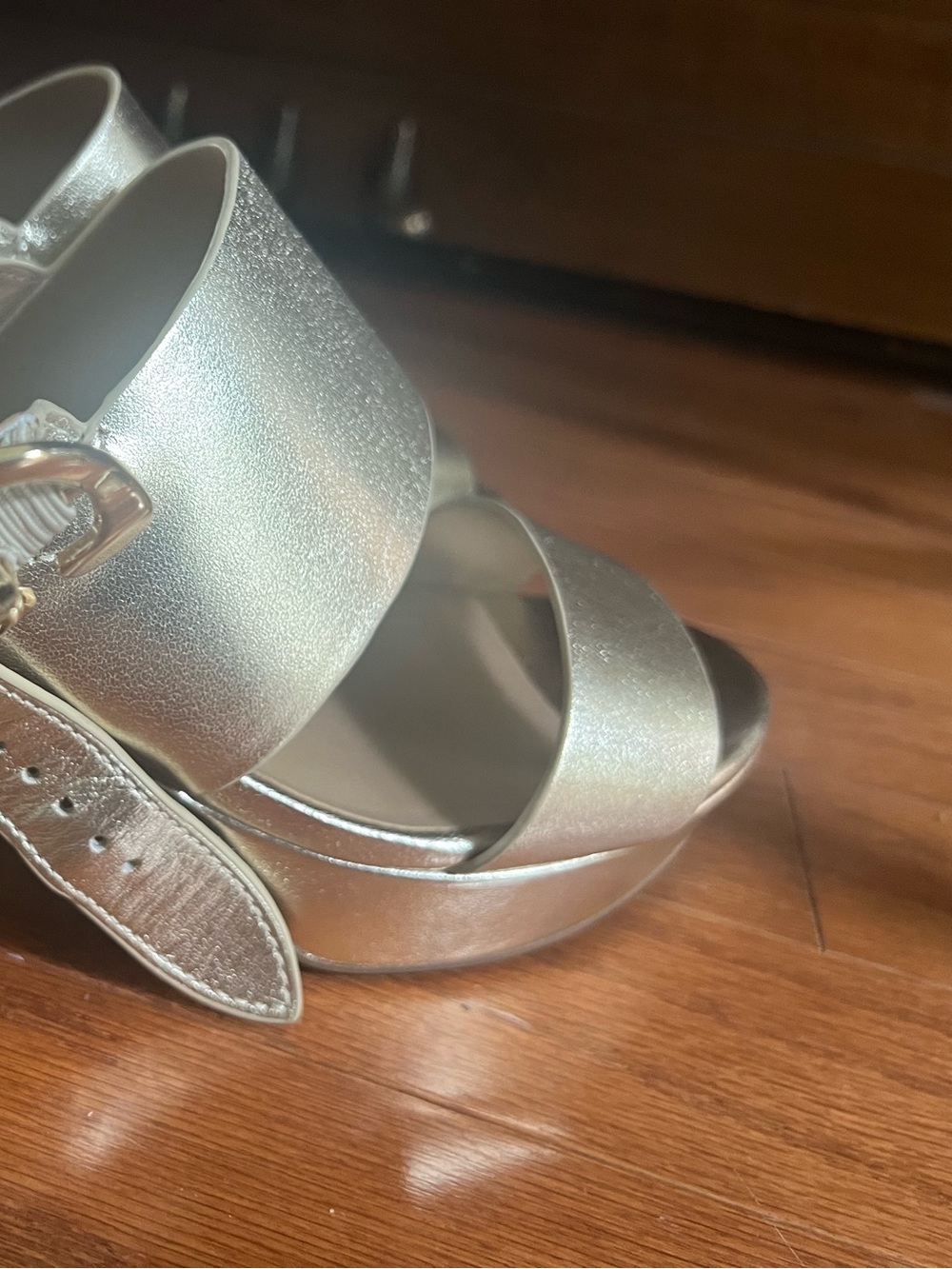 AEROSOLES Gold Metallic Block Heel Sandals with Buckle Detail